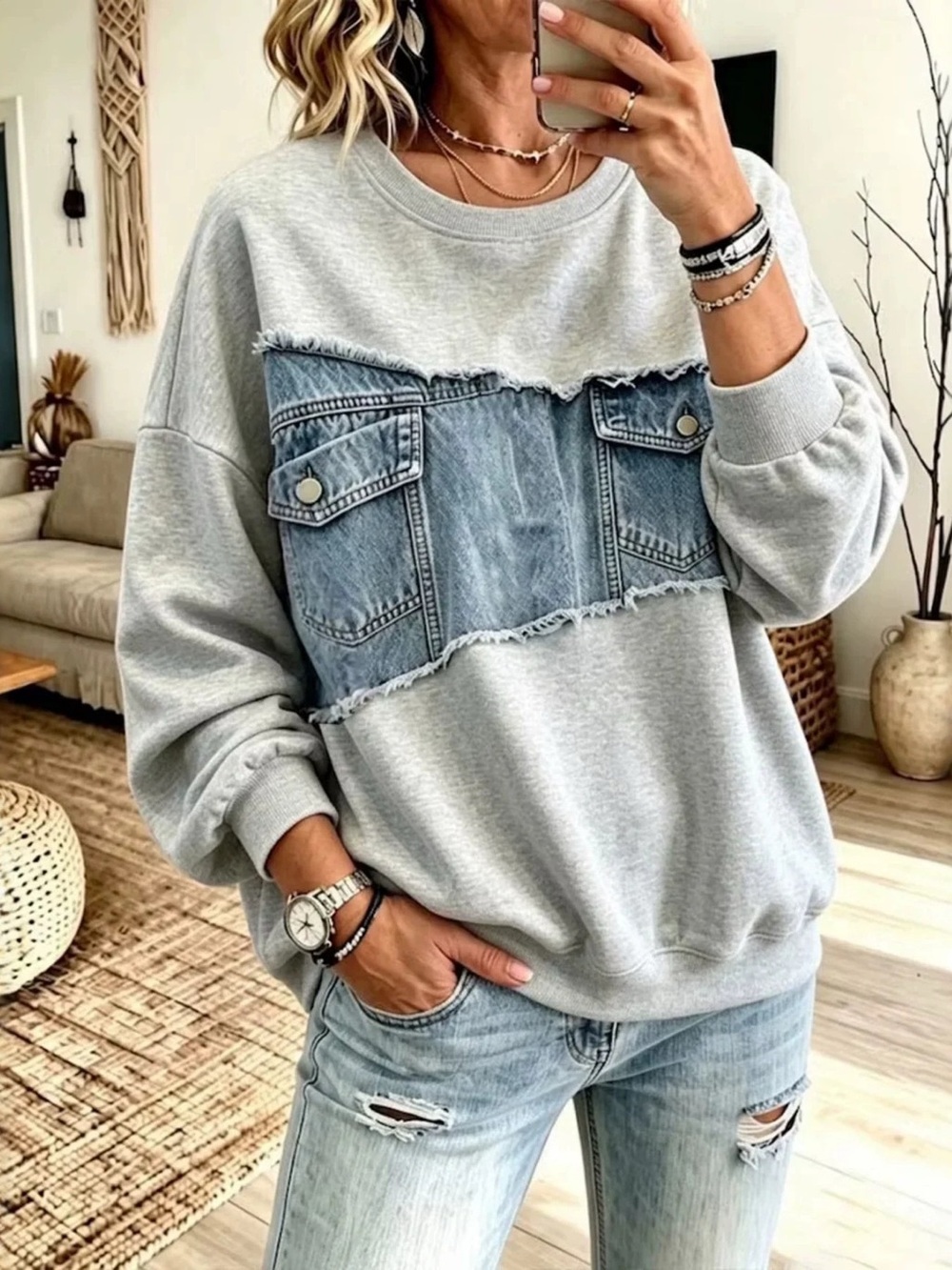 Full Size Denim Patchwork Dropped Shoulder Sweatshirt Plus Size